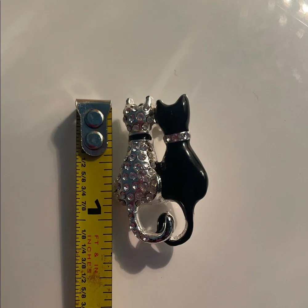 Crystal & Black Cat Duo Brooch - Elegant Cat Pin
